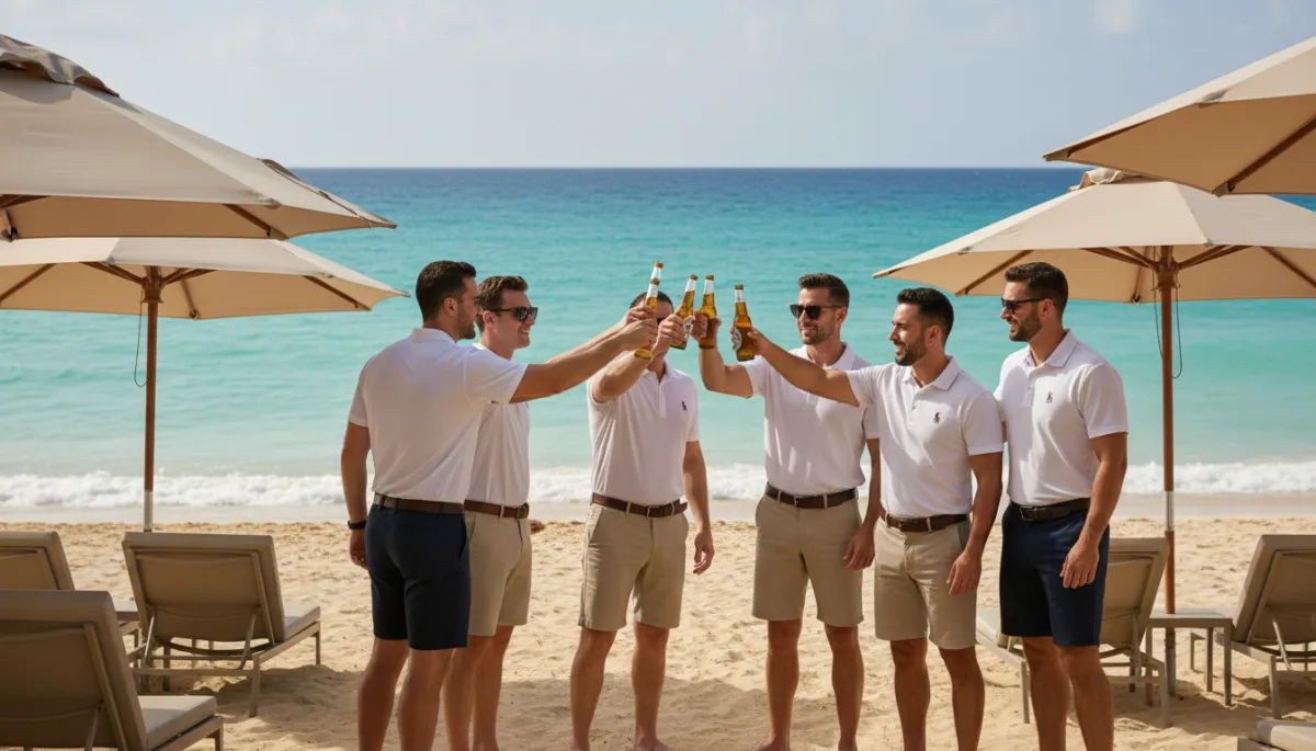 Hombres disfrutando de un almuerzo relajado frente a la playa de Bávaro