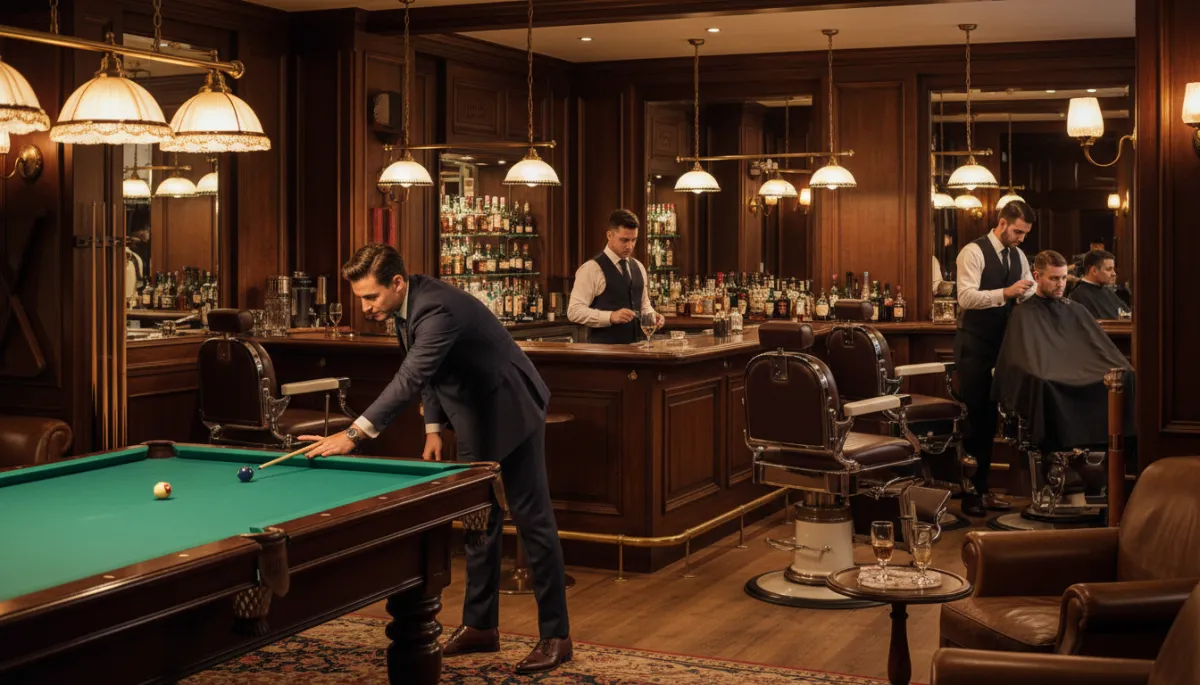 Ambiente interior de The Club Barber Shop con bar, billar y área de barbería