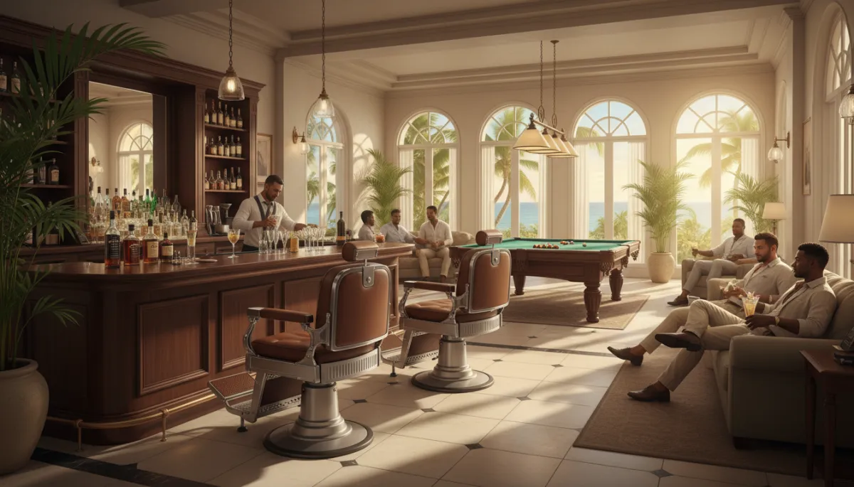 interior fotorrealista de barbería de lujo en el Caribe, sillones de barbero de cuero marrón, barra elegante con licores premium, mesa de billar iluminada al fondo, luz cálida tropical entrando por amplios ventanales, hombres relajados disfrutando de tragos mientras esperan su turno
