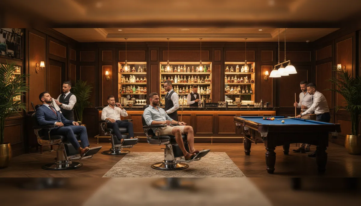 Escena fotorrealista interior de barbería de lujo en Punta Cana con acabados en madera y cuero, barra de tragos elegante al fondo con botellas iluminadas, sillones de barbero de cuero negro ocupados por hombres bien vestidos, mesa de billar profesional al costado, iluminación cálida y ambiente sofisticado