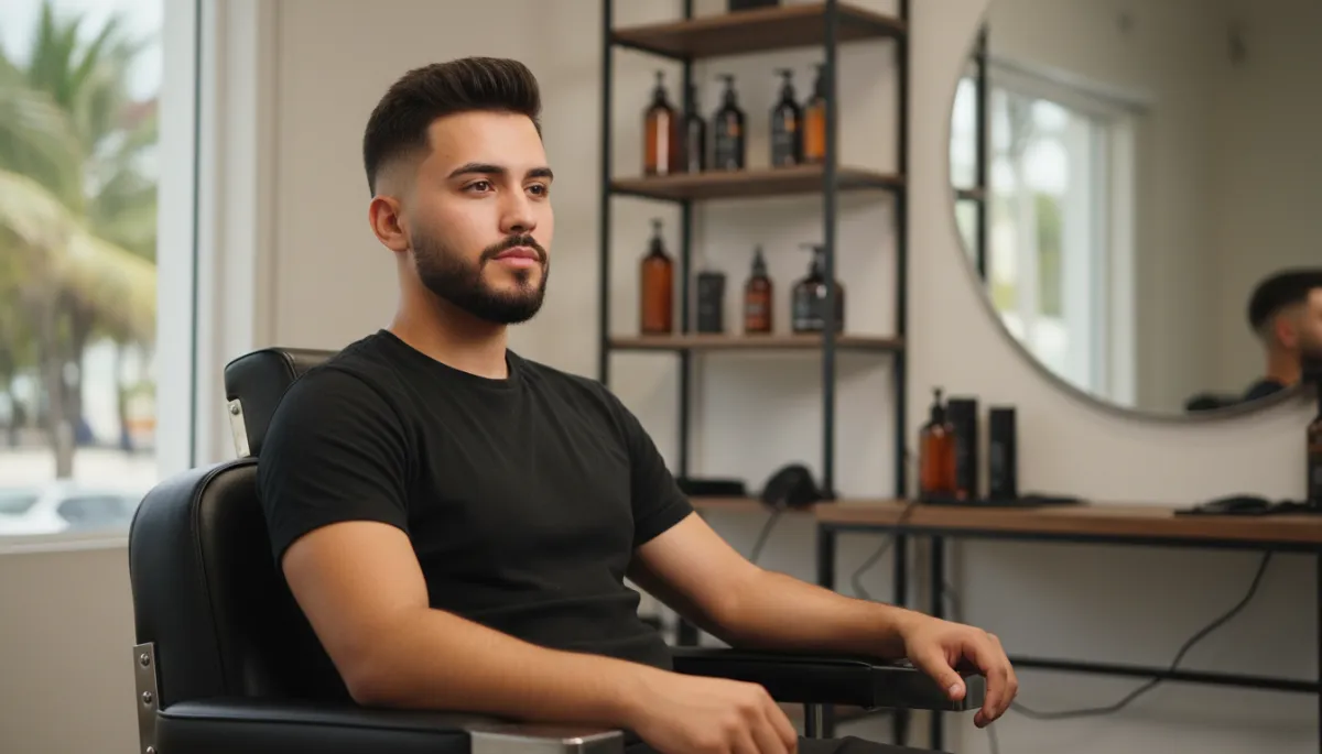 retrato fotorrealista de un hombre joven con piel bronceada y barba prolija, luciendo un corte fade moderno y texturizado en un sillón de barbería elegante en Bávaro, Punta Cana, tonos neutros y luz suave, fondo ligeramente desenfocado con estanterías de productos de barbería