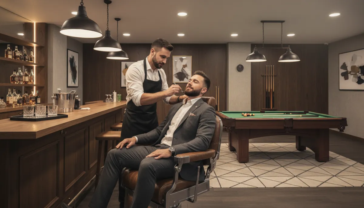 interior fotorrealista de barbería premium de estilo moderno y elegante en tonos neutros, sillones de cuero, barra con bebidas, mesa de billar al fondo, cliente bien vestido recibiendo corte de barba de un barbero profesional con delantal negro