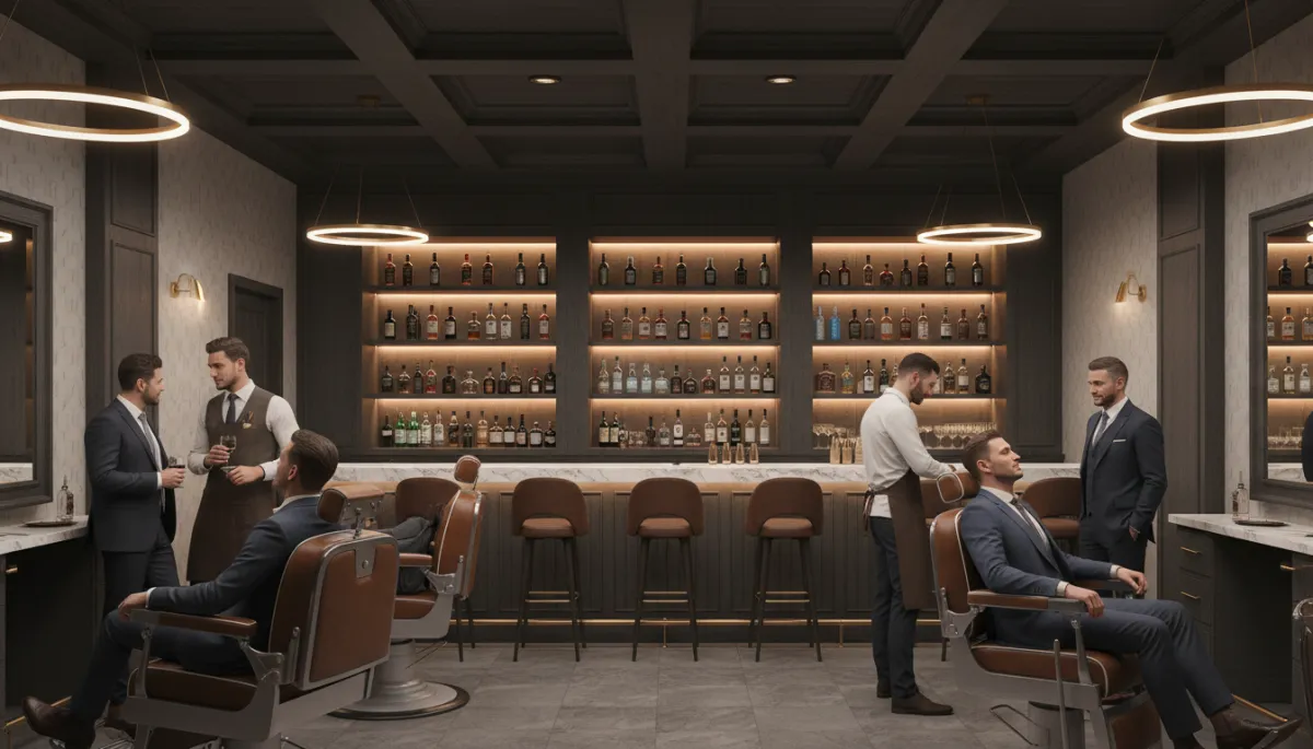 interior fotorrealista de barbería de lujo con bar elegante en tonos neutros, sillones de cuero marrón, barra de cocteles iluminada al fondo, botellas premium ordenadas, hombres bien vestidos conversando mientras un barbero trabaja, atmósfera de club privado sofisticado