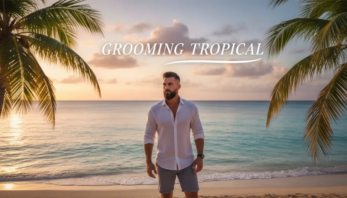 escena fotorrealista de un hombre moderno con corte degradado limpio y barba bien definida, de pie frente al mar caribeño al atardecer, luz neutra y tonos cálidos suaves, tipografía elegante superpuesta con el título sobre grooming tropical