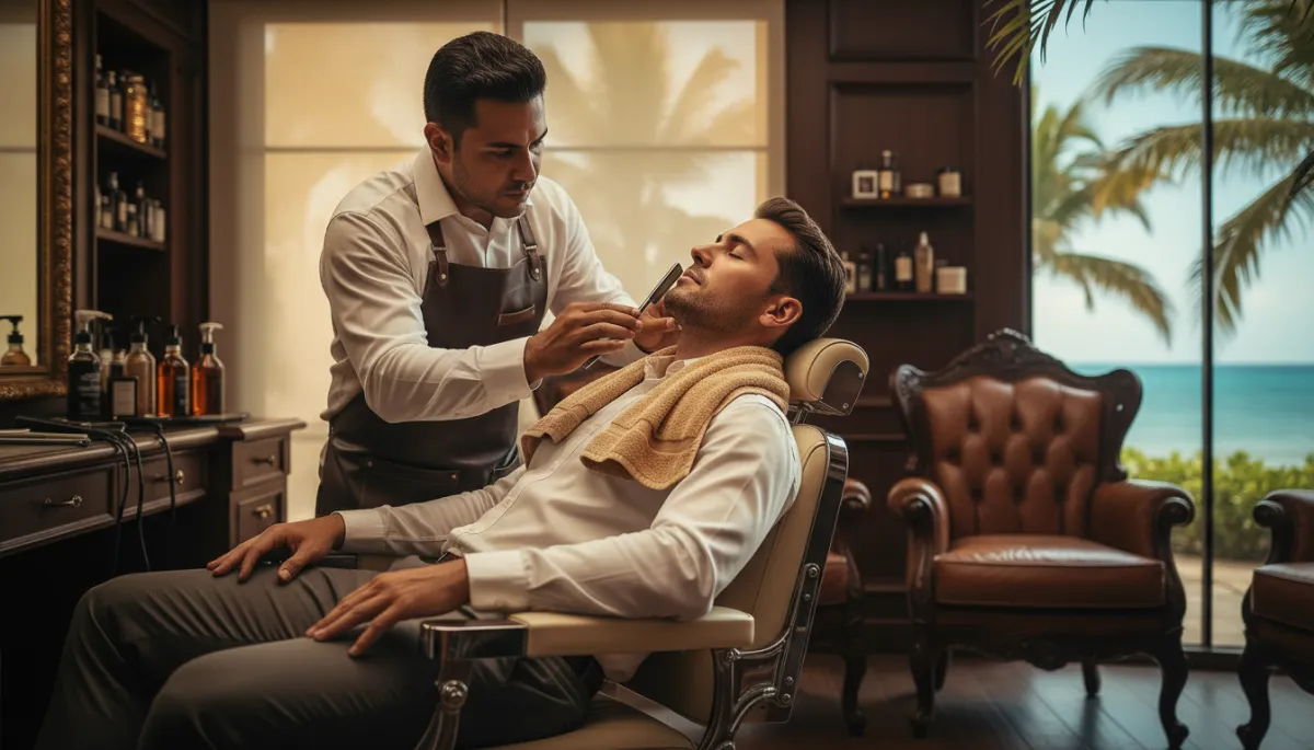 escena fotorrealista de un hombre elegante recostado en sillón de barbería de lujo en Bávaro, Punta Cana, barbero dominicano con navaja recta acercándose al rostro, toalla caliente alrededor del cuello, iluminación cálida y neutra, detalles de madera oscura y cuero