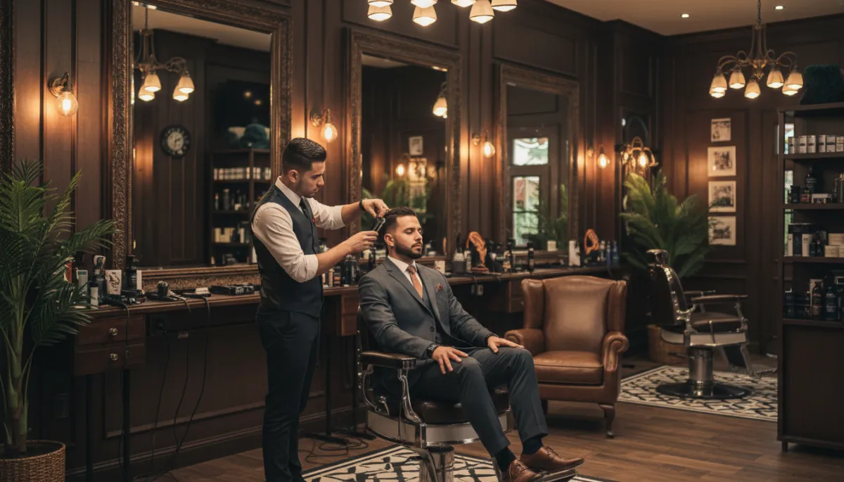 escena fotorrealista en barbería de lujo de Punta Cana, barbero dominicano concentrado realizando un fade perfecto a un cliente elegante, interior con detalles de madera oscura y luz cálida, ambiente masculino sofisticado