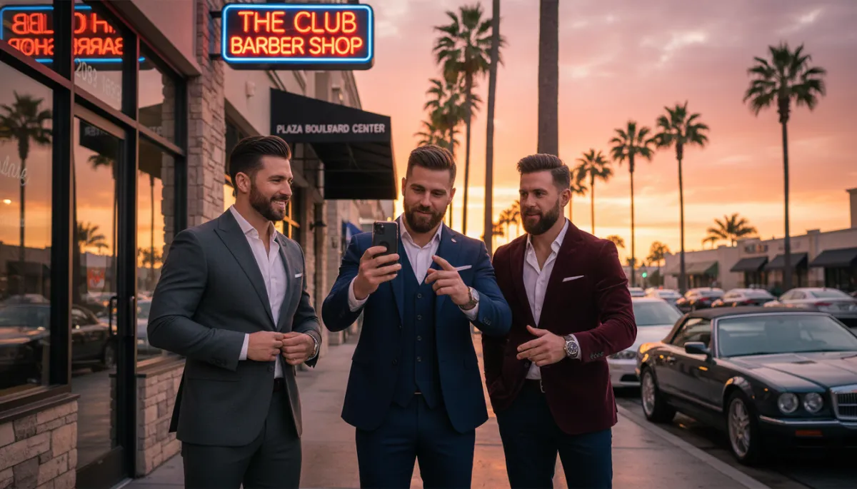 escena fotorrealista de tres hombres bien vestidos saliendo de The Club Barber Shop en Plaza Boulevard Center al atardecer, uno ajustándose la chaqueta, otro mirando su corte en el móvil, luces cálidas de neón de la barbería, autos elegantes y palmeras de fondo