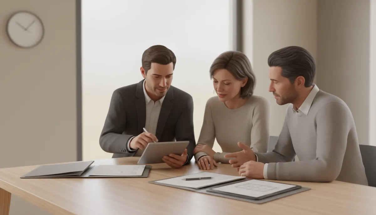 Roofing sales rep reviewing a roofing estimate with homeowners at a kitchen table