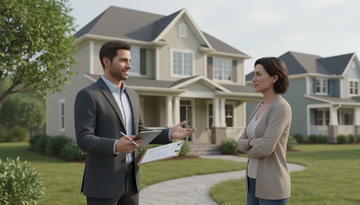 professional photorealistic scene of a confident door-to-door roofing sales rep talking with a homeowner on a front porch in a neutral-toned suburban neighborhood, clipboard and tablet in hand, soft natural lighting, neutral color palette