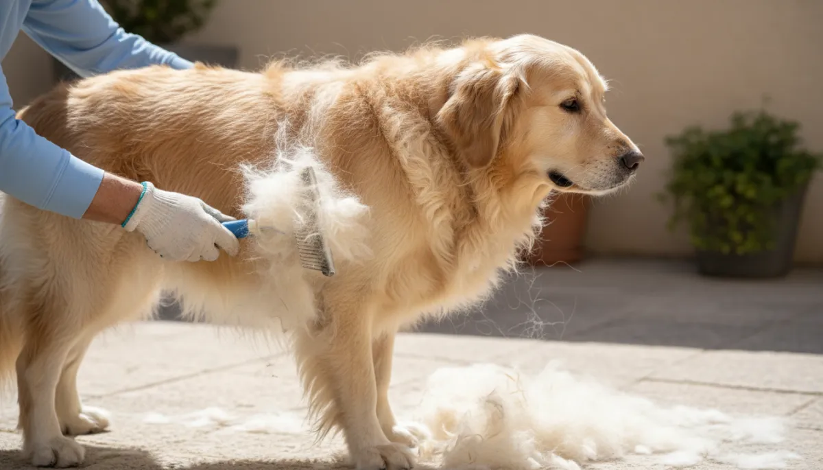 Owner using an undercoat rake on a Golden Retriever