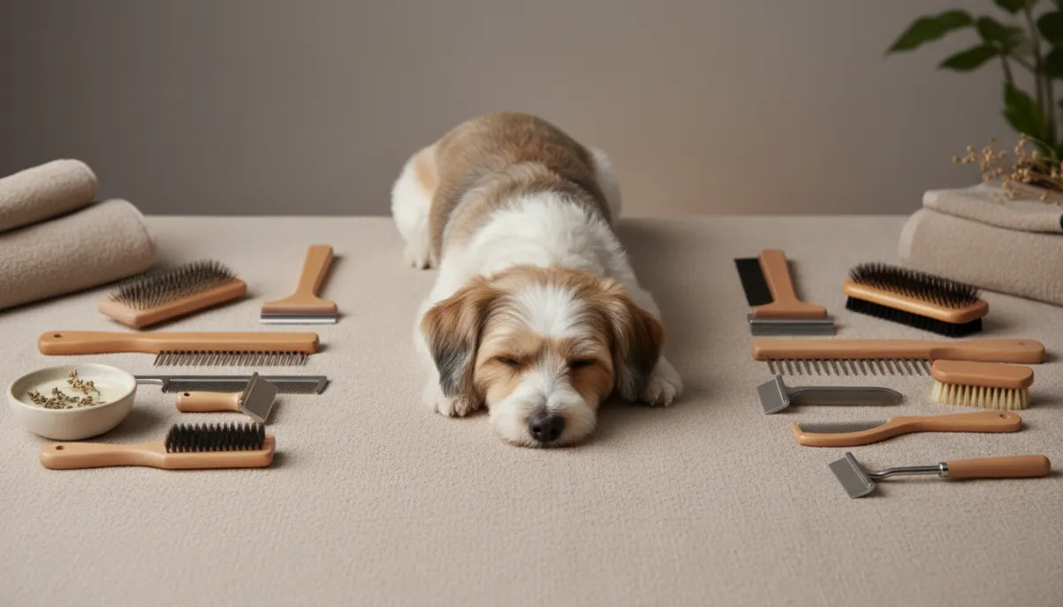 Different dog grooming brushes and combs laid out beside a relaxed dog