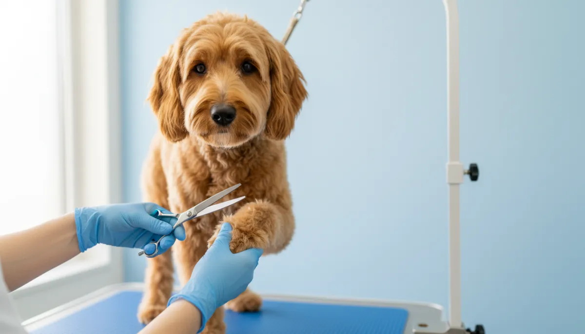 Dog on a grooming table having the fur around its paws trimmed