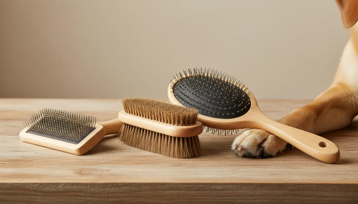 Different types of dog grooming brushes arranged neatly on a table