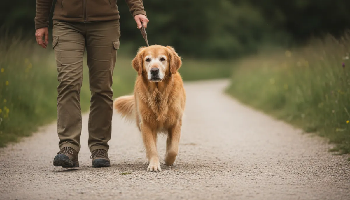 Senior dog walking calmly next to its owner