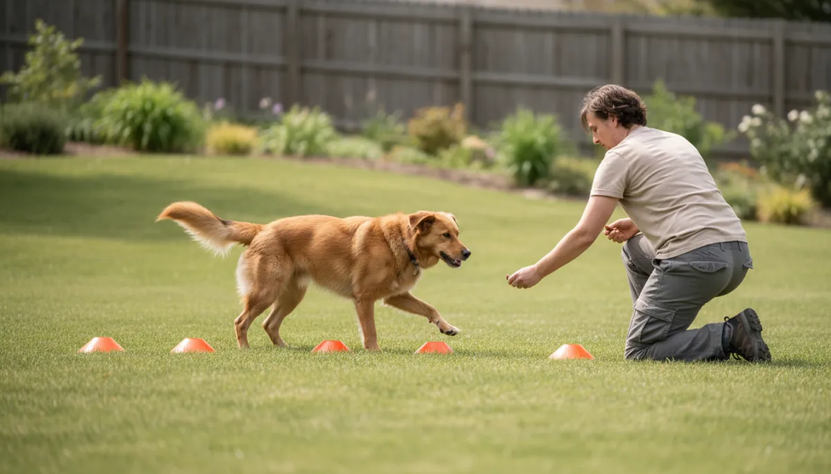 Dog practicing simple backyard agility with its owner
