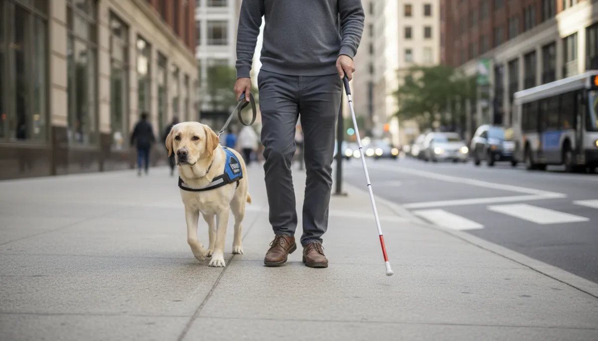 Service Labrador Retriever walking beside a handler in the city