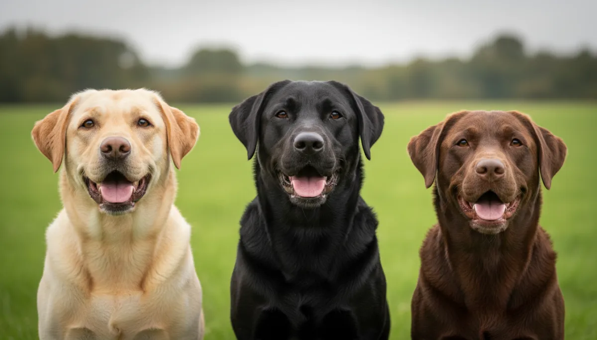 Yellow, black, and chocolate Labrador Retrievers sitting side by side