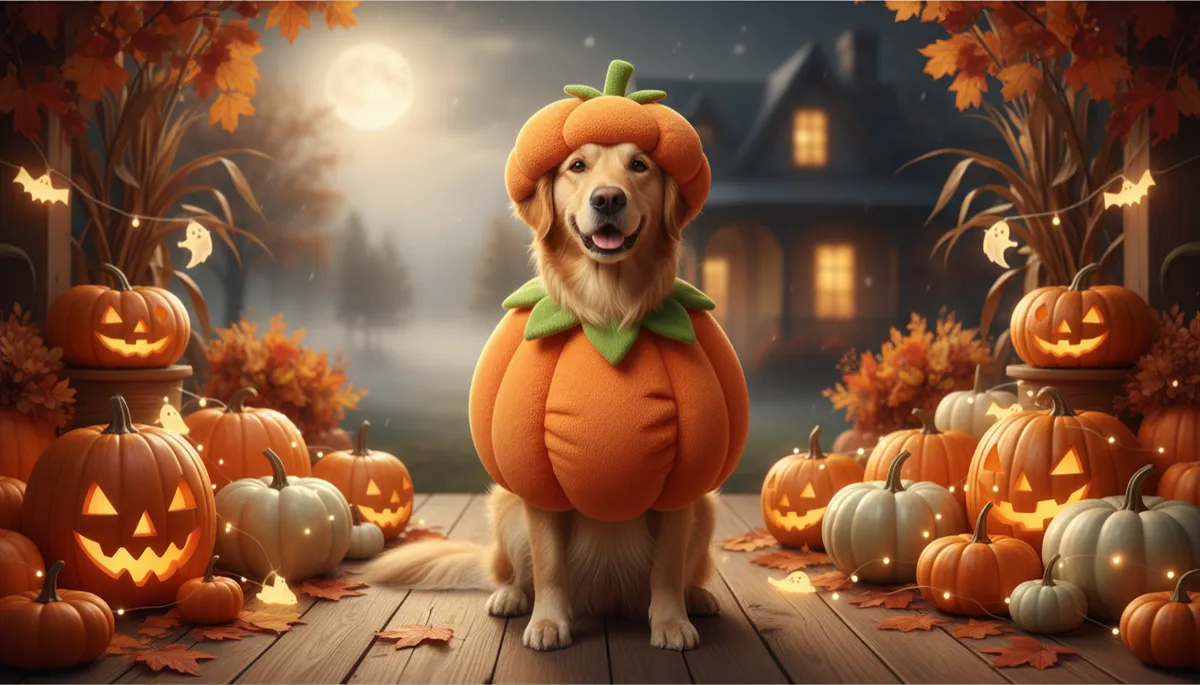 Dog enjoying a pumpkin-shaped dog treat on Halloween