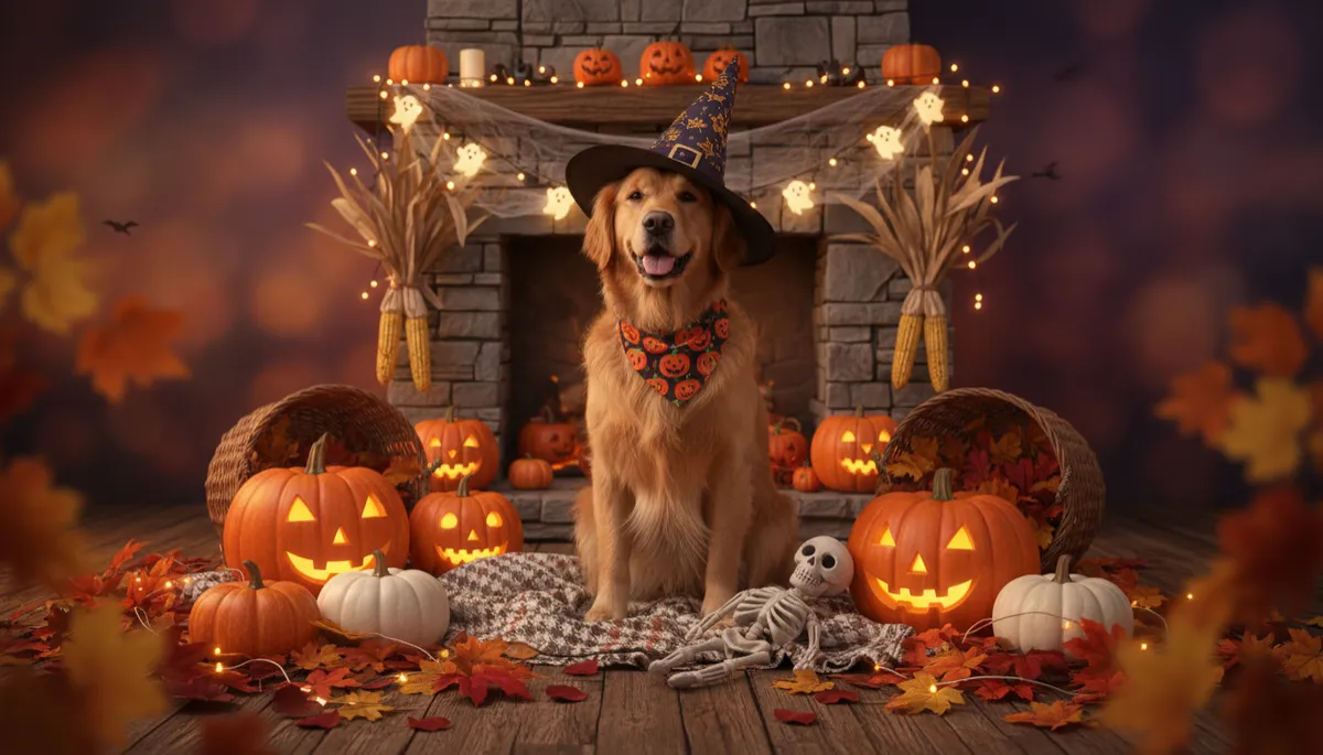 photorealistic cozy living room decorated for Halloween in neutral colors, smiling medium-sized dog in a simple pumpkin bandana sitting beside a carved pumpkin, soft evening lighting, no scary props