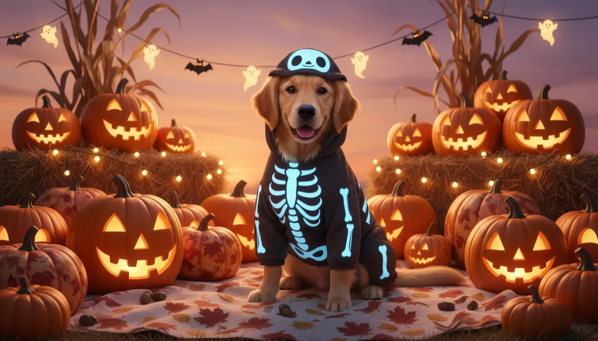 Dog in a safe, comfortable Halloween costume with owner nearby