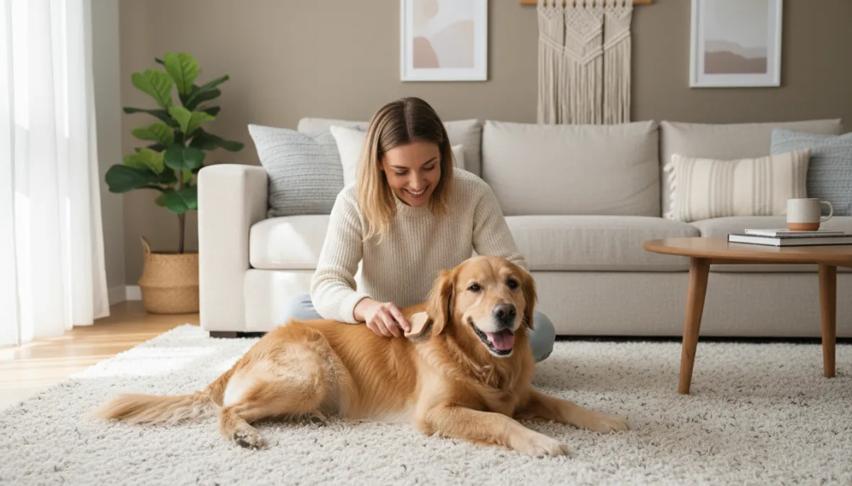 photorealistic neutral-toned living room where a smiling owner gently brushes a Golden Retriever on a soft rug, natural daylight, calm and cozy atmosphere