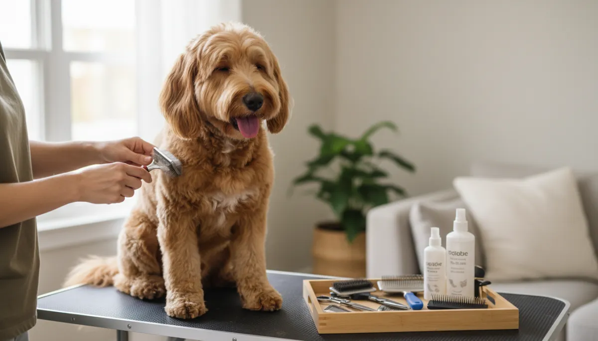 photorealistic neutral-toned scene of a happy dog being brushed on a grooming table at home, soft natural light, tidy array of grooming tools neatly laid out beside the dog