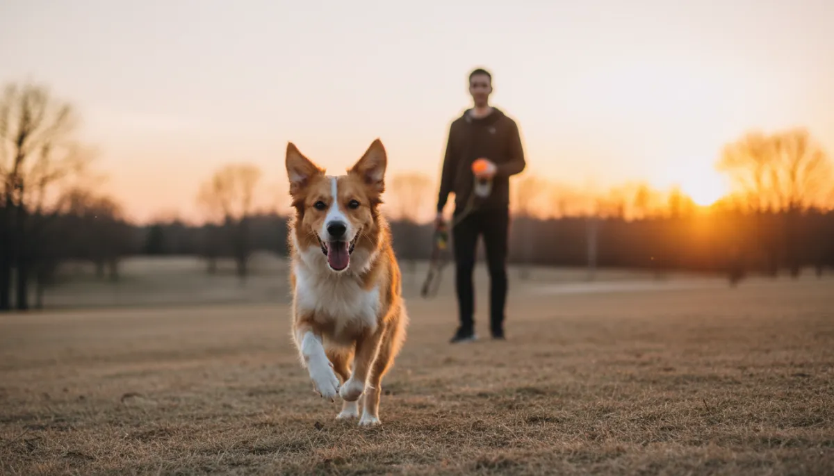photorealistic wide shot of a happy mixed-breed dog running toward the camera across a neutral-toned park at sunset, owner in the background holding a leash and ball, soft natural lighting, calm and inviting atmosphere