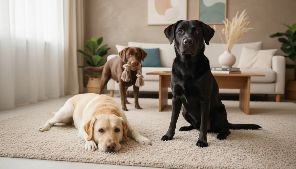 photorealistic scene of a happy Labrador Retriever family group in a neutral-toned living room, one yellow Lab lying on a rug, one black Lab sitting attentively, and one chocolate Lab playfully holding a toy, soft natural light, cozy modern home