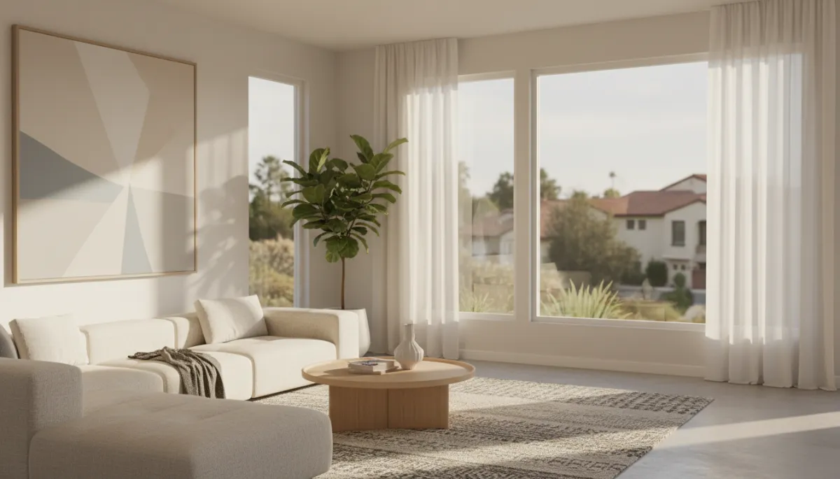 Interior of a modern San Diego living room with neutral decor in a professional style