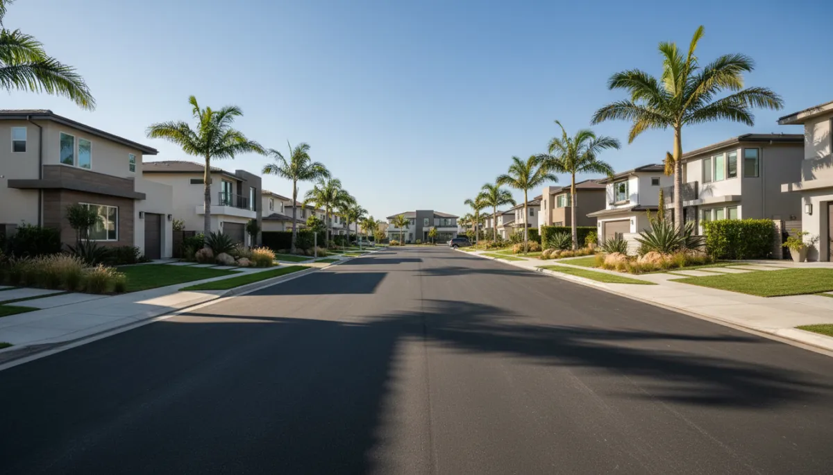 Calle residencial moderna en East Chula Vista con casas contemporáneas