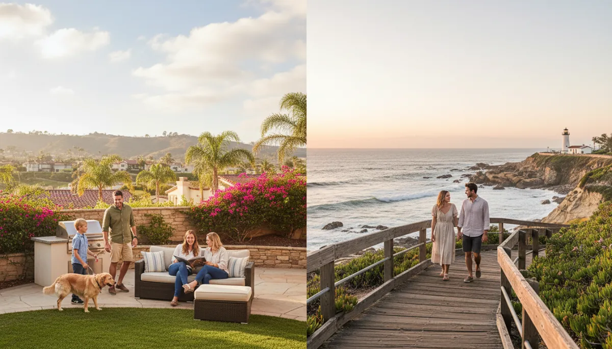 Comparison of inland backyard lifestyle and coastal boardwalk living in San Diego