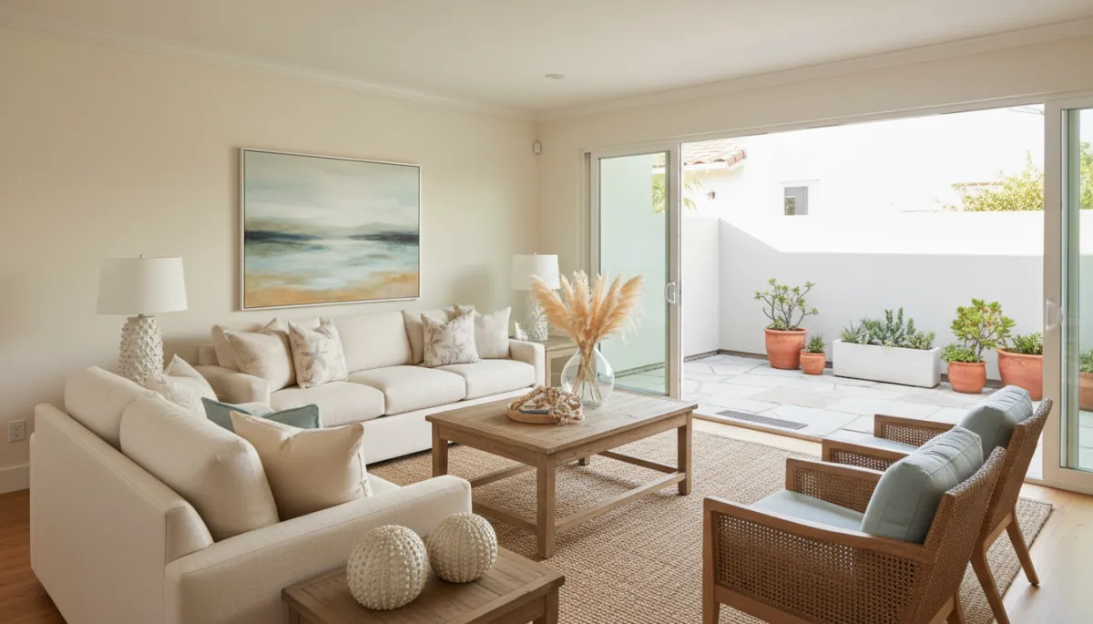 Professionally staged San Diego living room with patio access