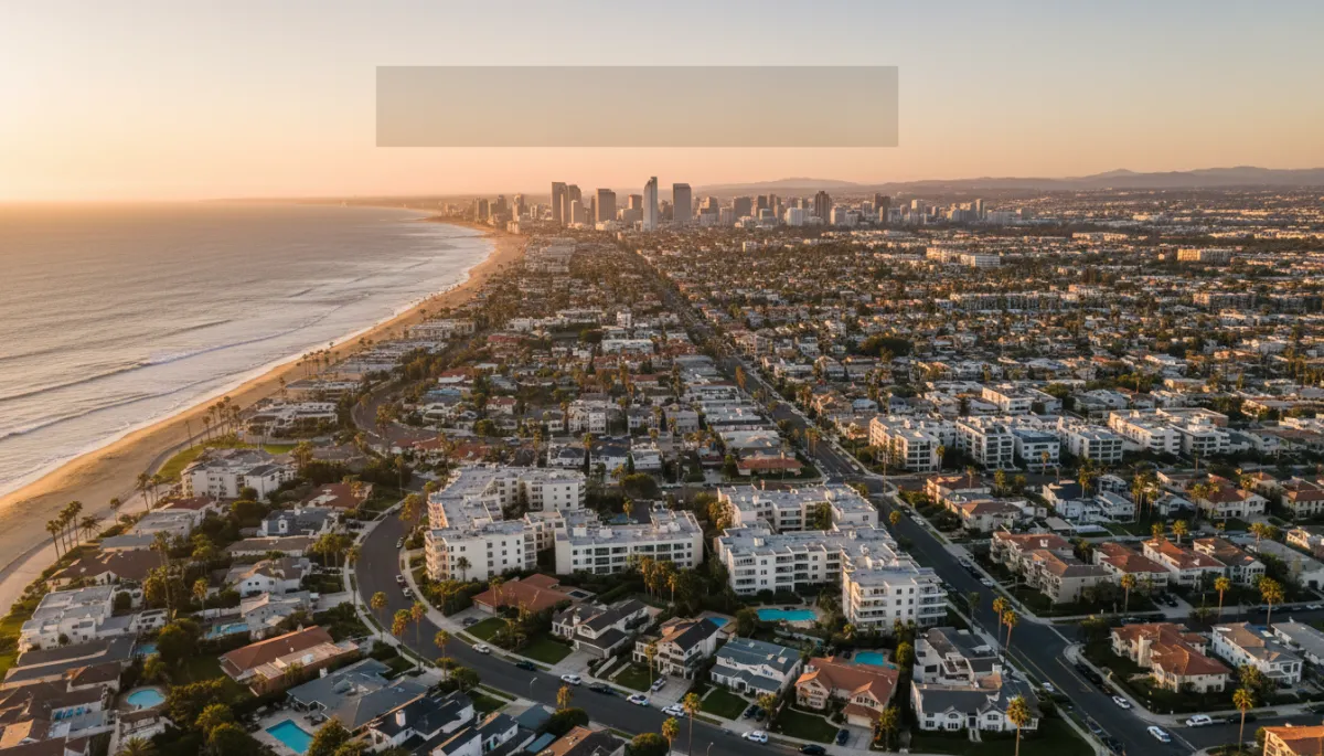 photorealistic aerial view of San Diego coastal neighborhoods at golden hour, mix of single-family homes and low-rise condos, downtown skyline in distance, neutral color palette, subtle text overlay area in sky