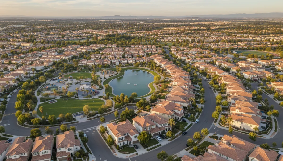 photorealistic aerial view of a Chula Vista master-planned neighborhood at golden hour, tree-lined streets, stucco homes with tile roofs, nearby park and lake, neutral color palette