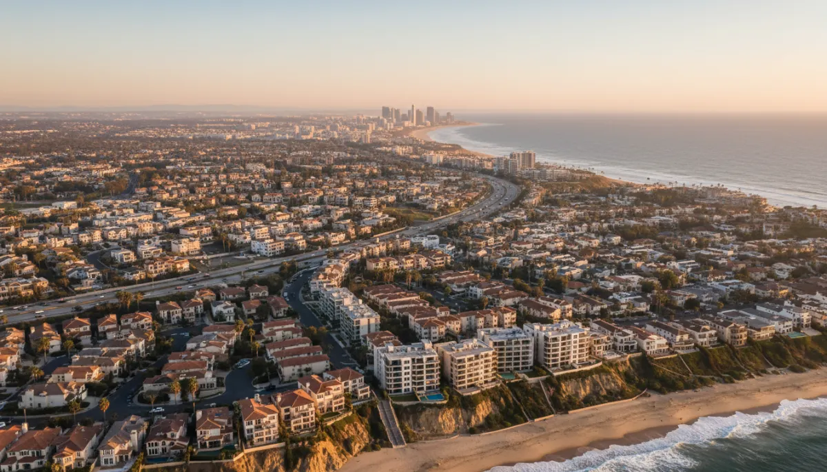 photorealistic aerial view of San Diego coastal neighborhoods at golden hour, mix of single-family homes and condos, neutral color palette, clear sky, downtown skyline faint in distance