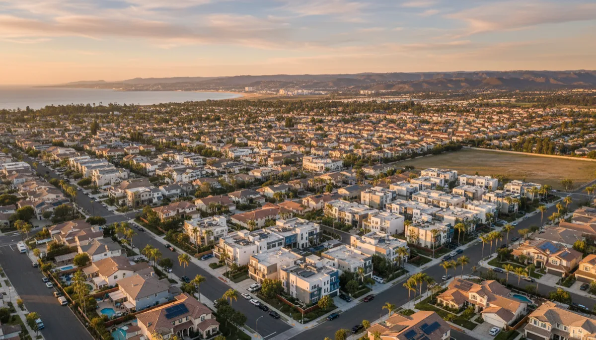 photorealistic aerial view of Chula Vista residential neighborhoods at golden hour, mix of single-family homes and townhomes, neutral color palette, distant bay and hills in background, subtle text overlay space in sky