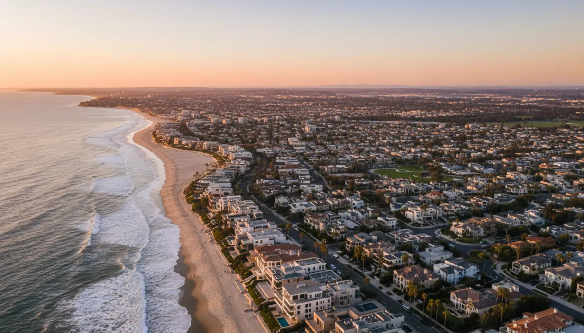 photorealistic aerial view of San Diego coastline fading into inland suburbs under soft golden light, neutral color palette, clear distinction between oceanfront homes and inland neighborhoods