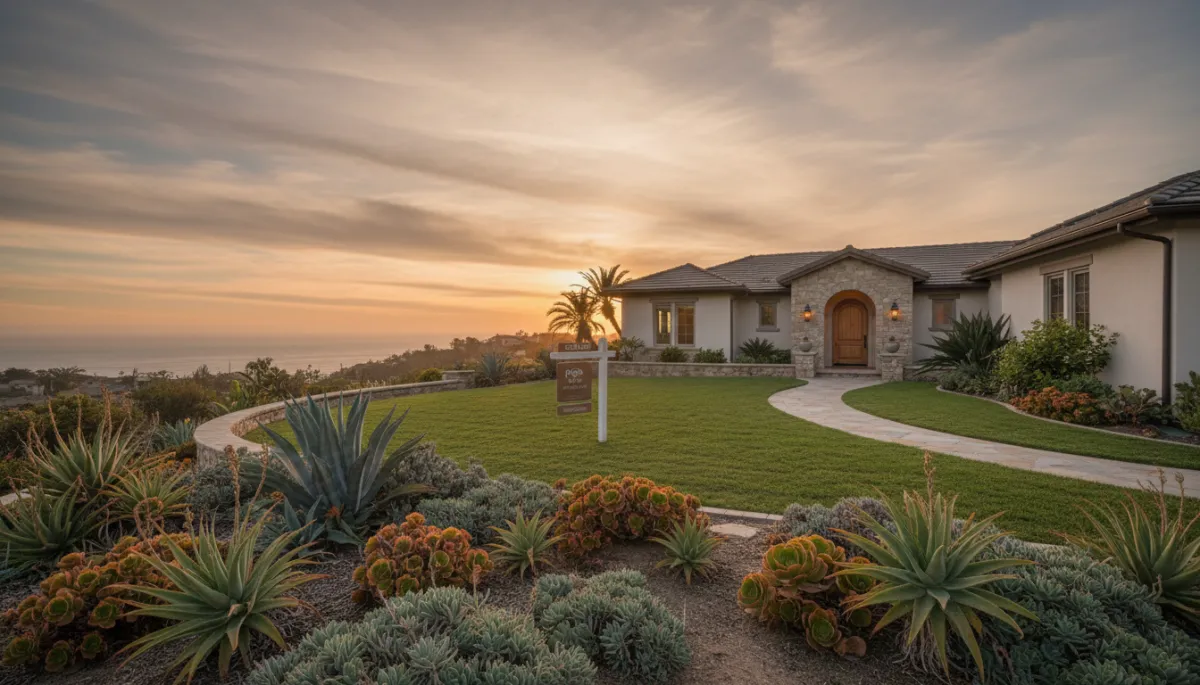 photorealistic wide-angle view of a well-maintained San Diego single-family home at sunset, neutral color palette, manicured front yard with succulents, subtle ocean haze in background, tasteful for-sale sign in front yard