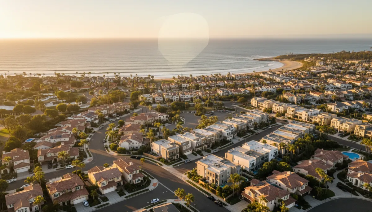 photorealistic aerial view of a coastal San Diego neighborhood at golden hour, mix of single-family homes and townhomes, neutral color palette, Pacific Ocean in background, subtle overlay space for headline text