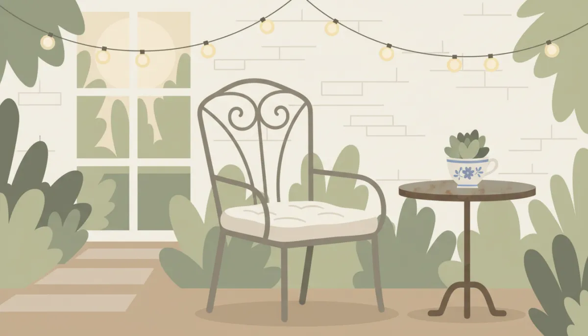 Cozy garden seating nook styled with vintage-inspired décor and soft textiles