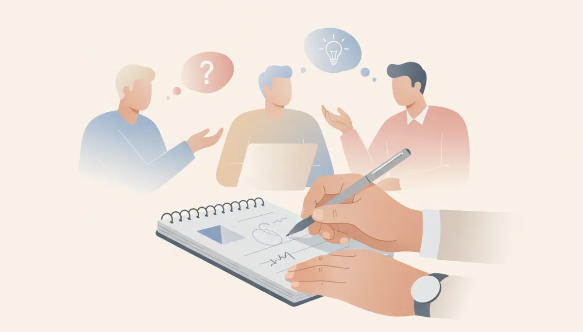 Profissional anotando ideias em reunião colaborativa