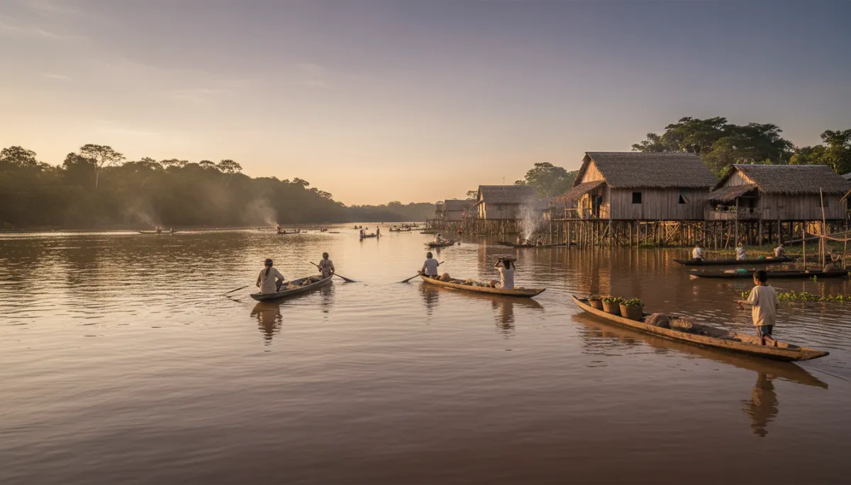 Comunidade ribeirinha amazônica em dia calmo às margens de um rio