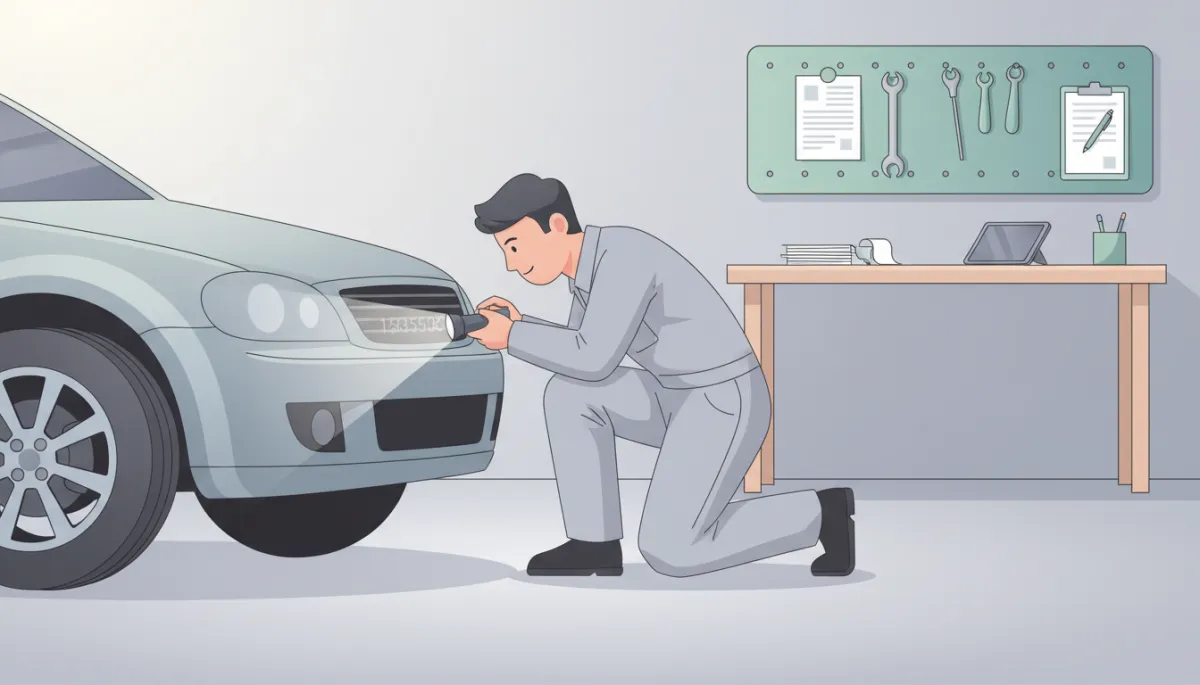 Meccanico che controlla il numero di telaio di un’auto in officina