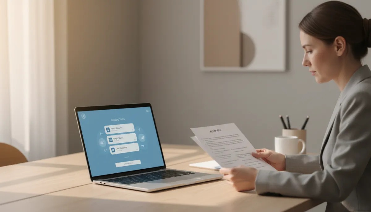 Small business owner reviewing an AI-generated action plan on their desk