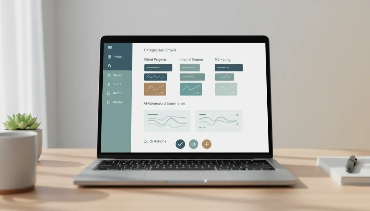 professional neutral-style dashboard mockup showing categorized emails, AI-generated summaries, and simple action buttons, displayed on laptop in small business workspace
