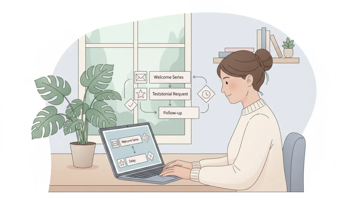 Coach consultant planifiant une séquence d’emails automatisés sur un ordinateur portable