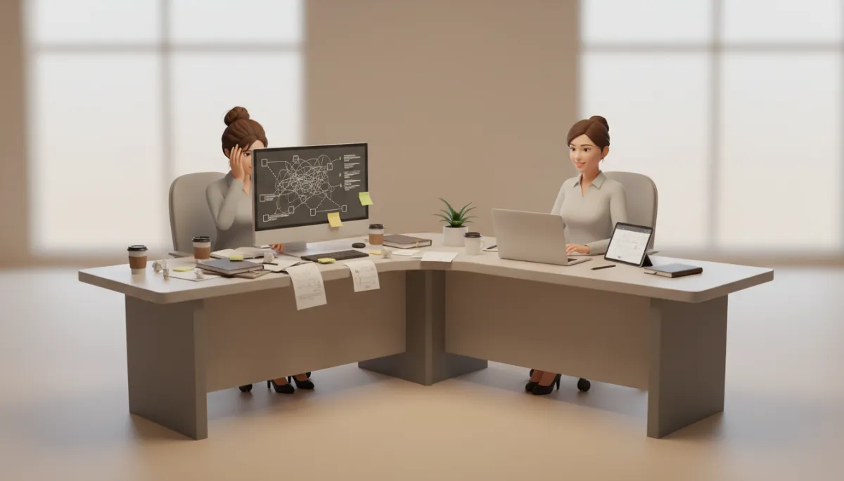 Deux entrepreneures comparant une approche technique complexe et une checklist claire sur ordinateur Deux entrepreneures comparant une approche technique complexe et une checklist claire sur ordinateur