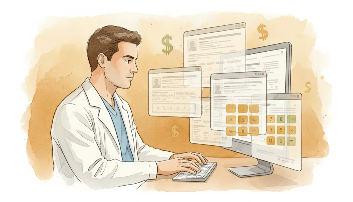 Clinician working through multiple EMR screens while hidden costs accumulate Clinician working through multiple EMR screens while hidden costs accumulate