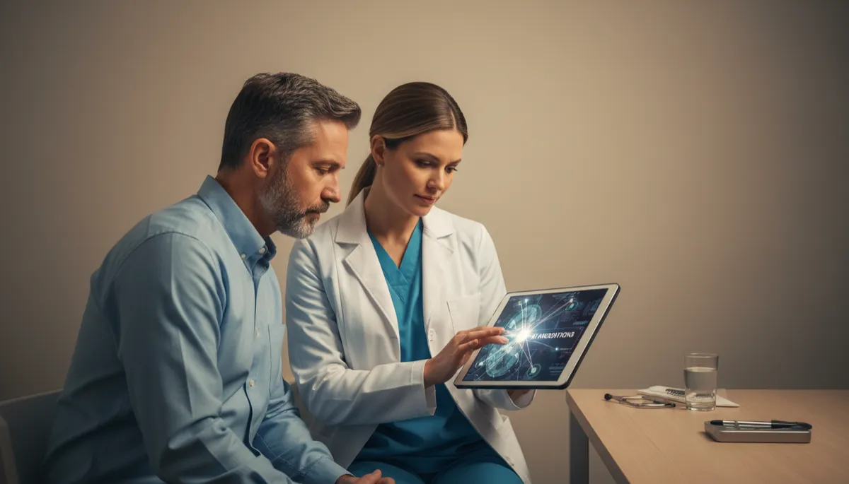 Doctor and patient reviewing AI-annotated diagnostic images on a tablet Doctor and patient reviewing AI-annotated diagnostic images on a tablet