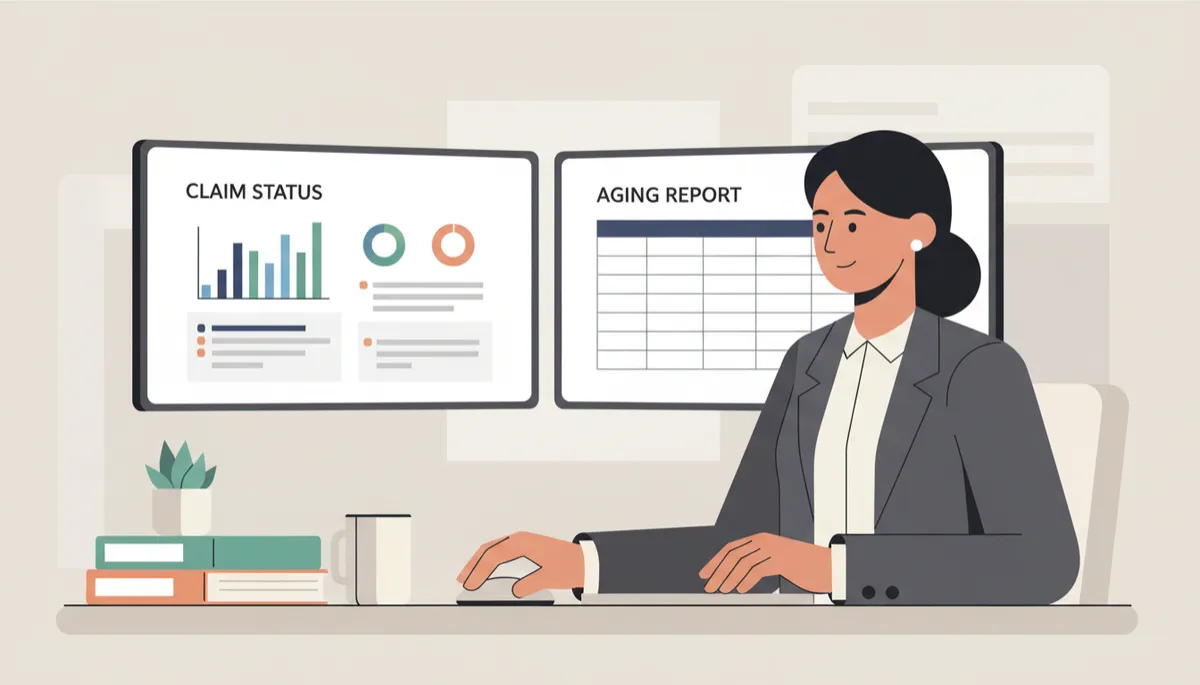 Billing specialist reviewing claims and aging reports on a computer Billing specialist reviewing claims and aging reports on a computer